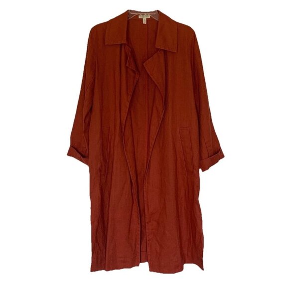 Eileen Fisher XS Rust Orange Duster Jacket Organic Cotton Open Front Long - Picture 1 of 9